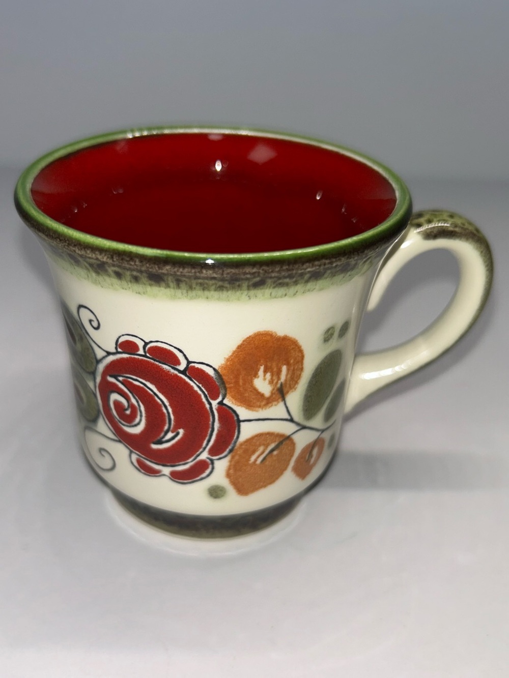 Schramberg German Ceramic Floral Mug in Red with Green Trim